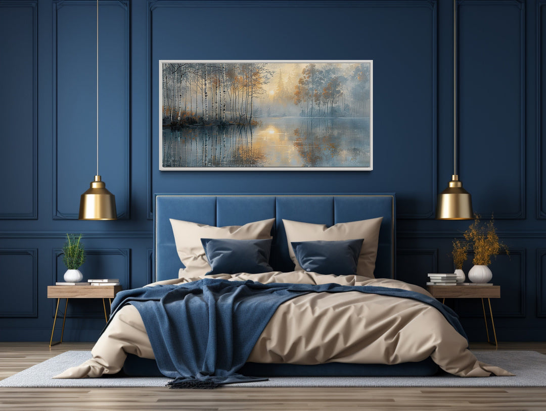 Birch Trees In Spring Silver Gold Forest Landscape Wall Art above bed