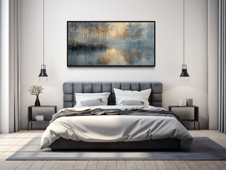 Birch Trees In Spring Silver Gold Forest Landscape Wall Art above bed