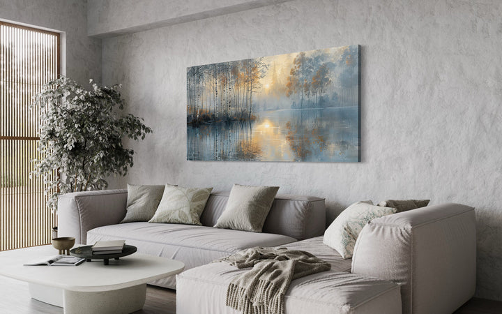 Birch Trees In Spring Silver Gold Forest Landscape Wall Art above grey couch