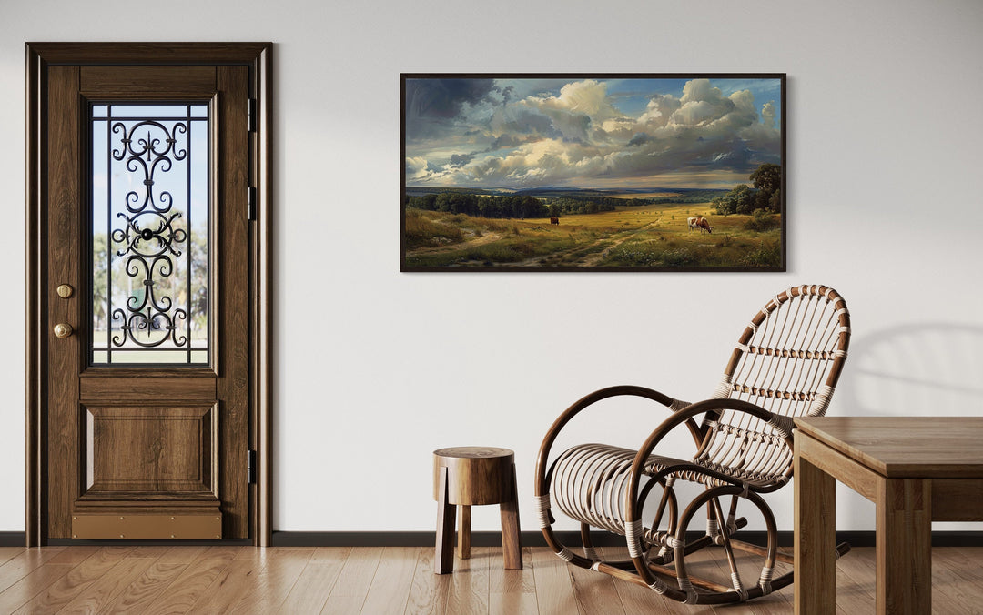 Framed Vintage Pastoral Landscape With Cows Canvas Wall Art in farmhouse