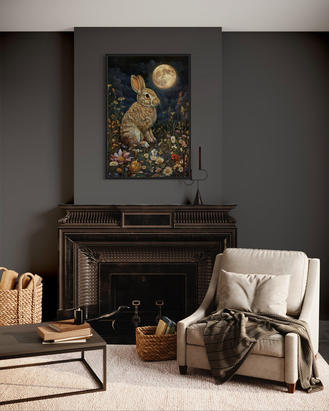 Bunny on The Meadow Under The Moon Moody Cottagecore Decor above fireplace