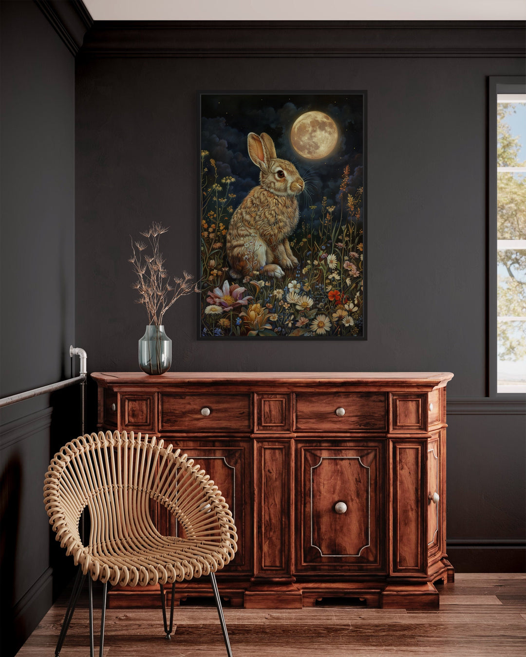 Bunny on The Meadow Under The Moon Moody Cottagecore Decor in dark bedroom