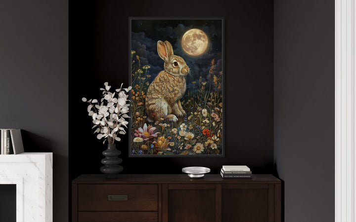 Bunny on The Meadow Under The Moon Moody Cottagecore Decor in dark room