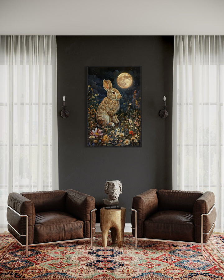 Bunny on The Meadow Under The Moon Moody Cottagecore Decor in living room