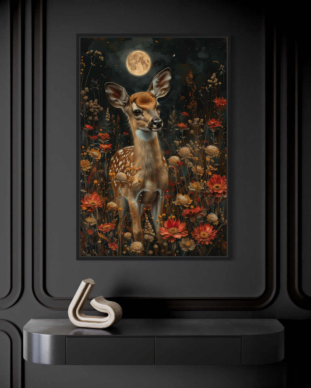 Baby Deer On The Meadow Under The Moon Moody Cottagecore Decor