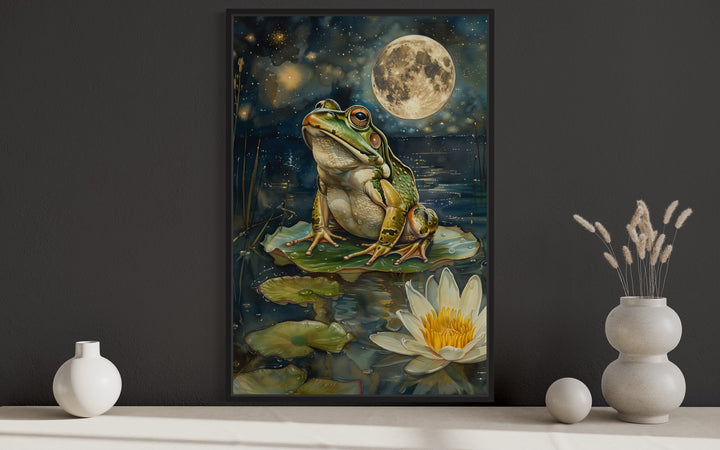 Frog in Swamp Under The Moon Moody Cottagecore Decor close up