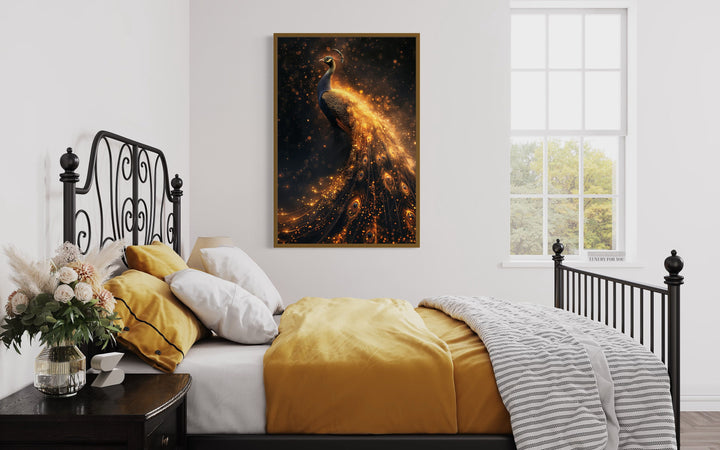 Black Gold Peacock Framed Canvas Wall Art in bedroom