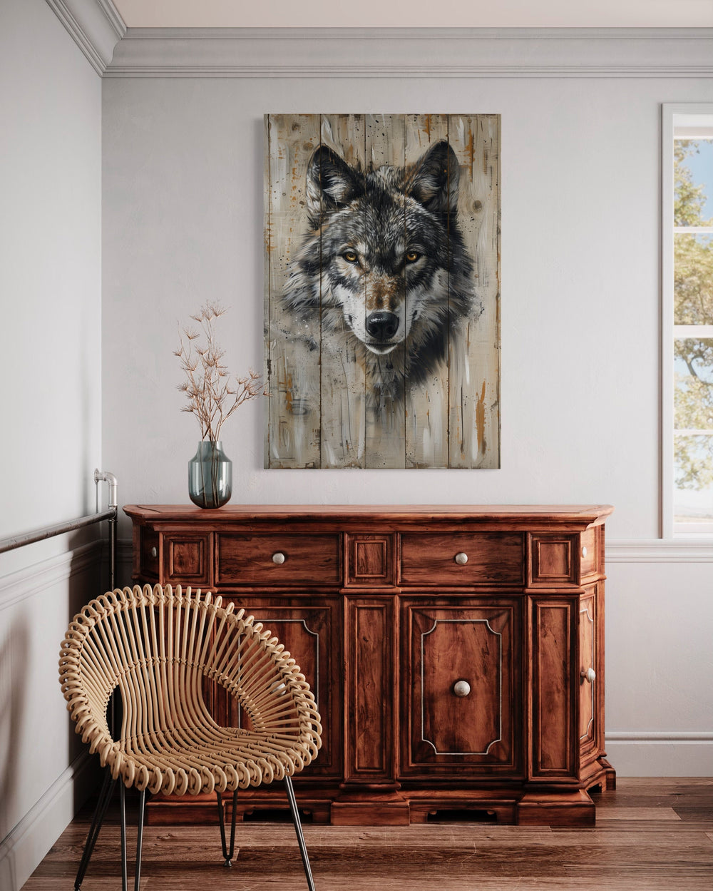 Grey Wolf Painting On Wood Framed Canvas Wall Art in bedroom