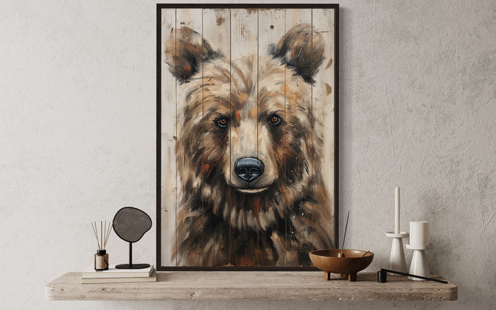 Bear Painting On Wood Canvas Wall Art close up