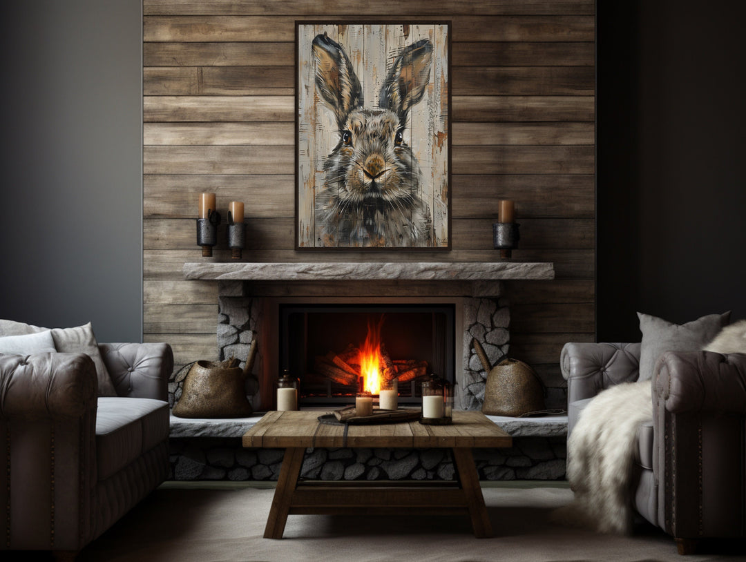 Rabbit Rustic Painting On Wood Framed Canvas Wall Art above fireplace