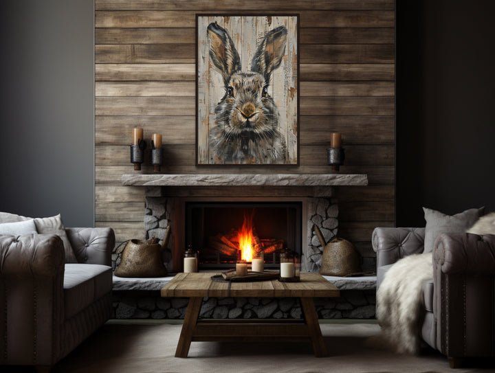 Rabbit Rustic Painting On Wood Framed Canvas Wall Art above fireplace