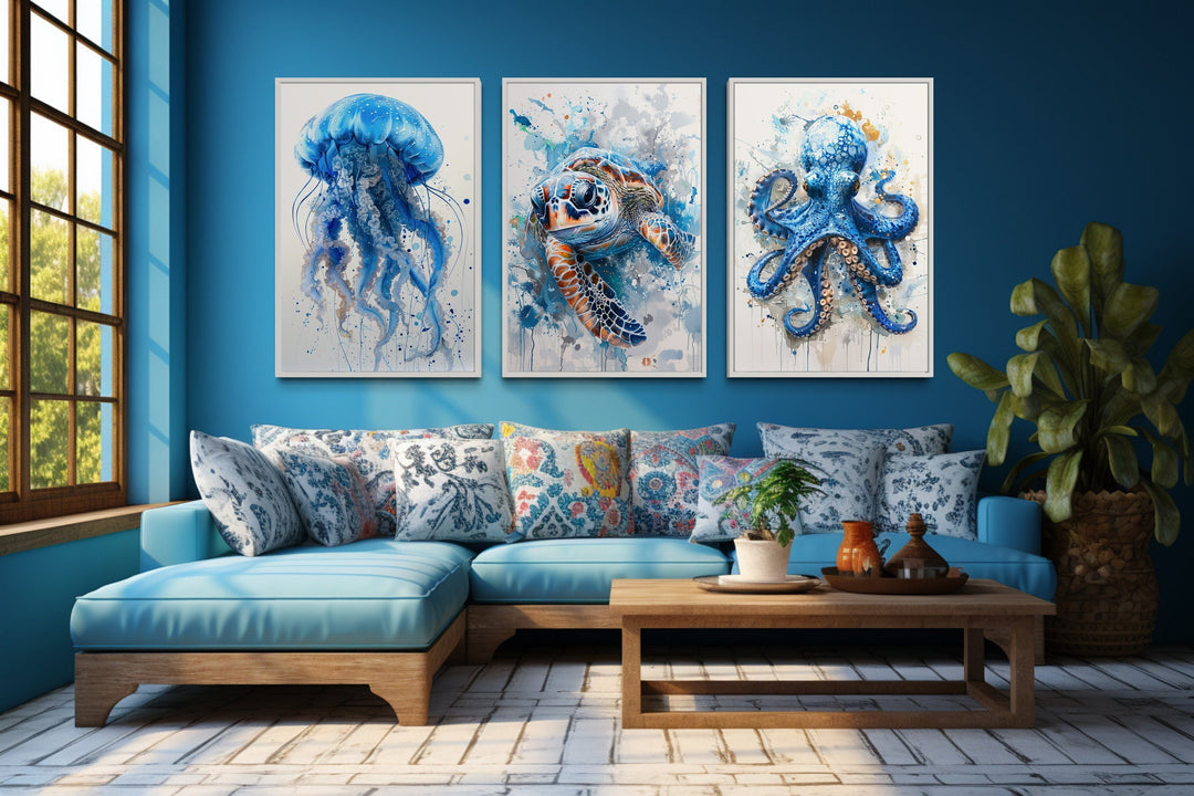 3 Piece Marine Animals Octopus, Sea Turtle, Jellyfish Beach House Wall Art