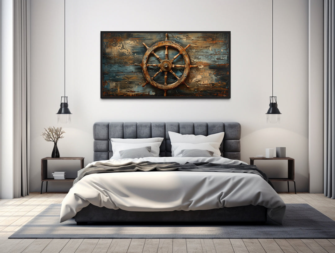 Ship's Wheel Painted On Wood Extra Large Nautical Wall Art above grey bed