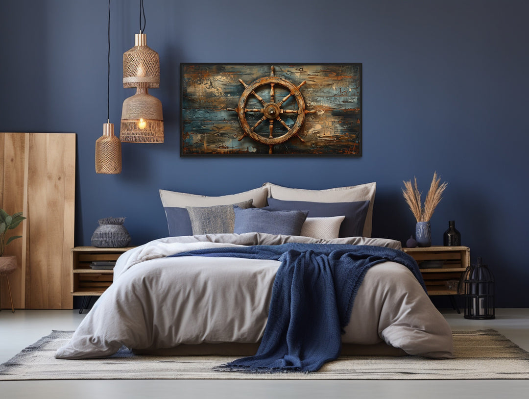 Ship's Helm Painted On Wood Extra Large Nautical Wall Art above navy blue bed
