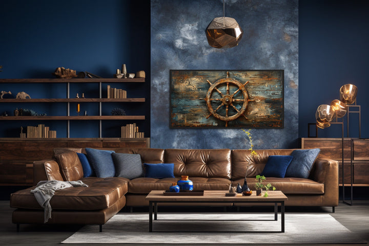 Ship's Wheel Painted On Wood Extra Large Nautical Wall Art in man cave