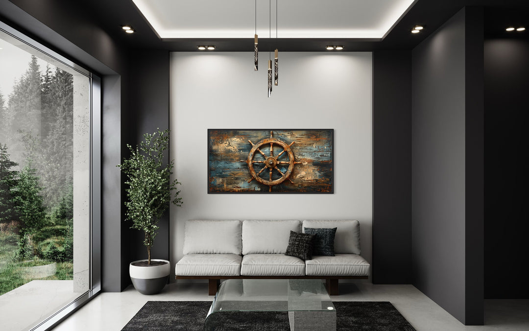Ship's Wheel Painted On Wood Extra Large Nautical Wall Art over white couch