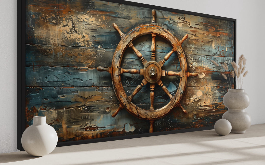 Ship's Wheel Painted On Wood Extra Large Nautical Wall Art close up side view