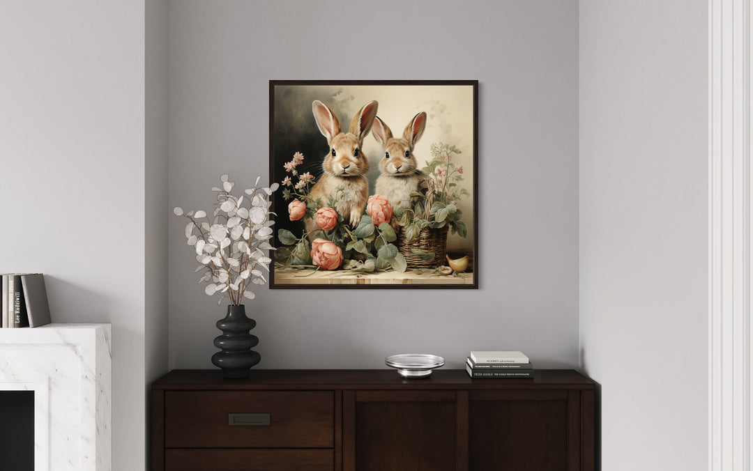 Two Bunnies And Flowers Vintage Painting Canvas Wall Art above table