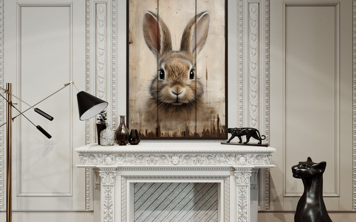 Bunny Painting On Wood Rustic Framed Canvas Wall Art above mantel