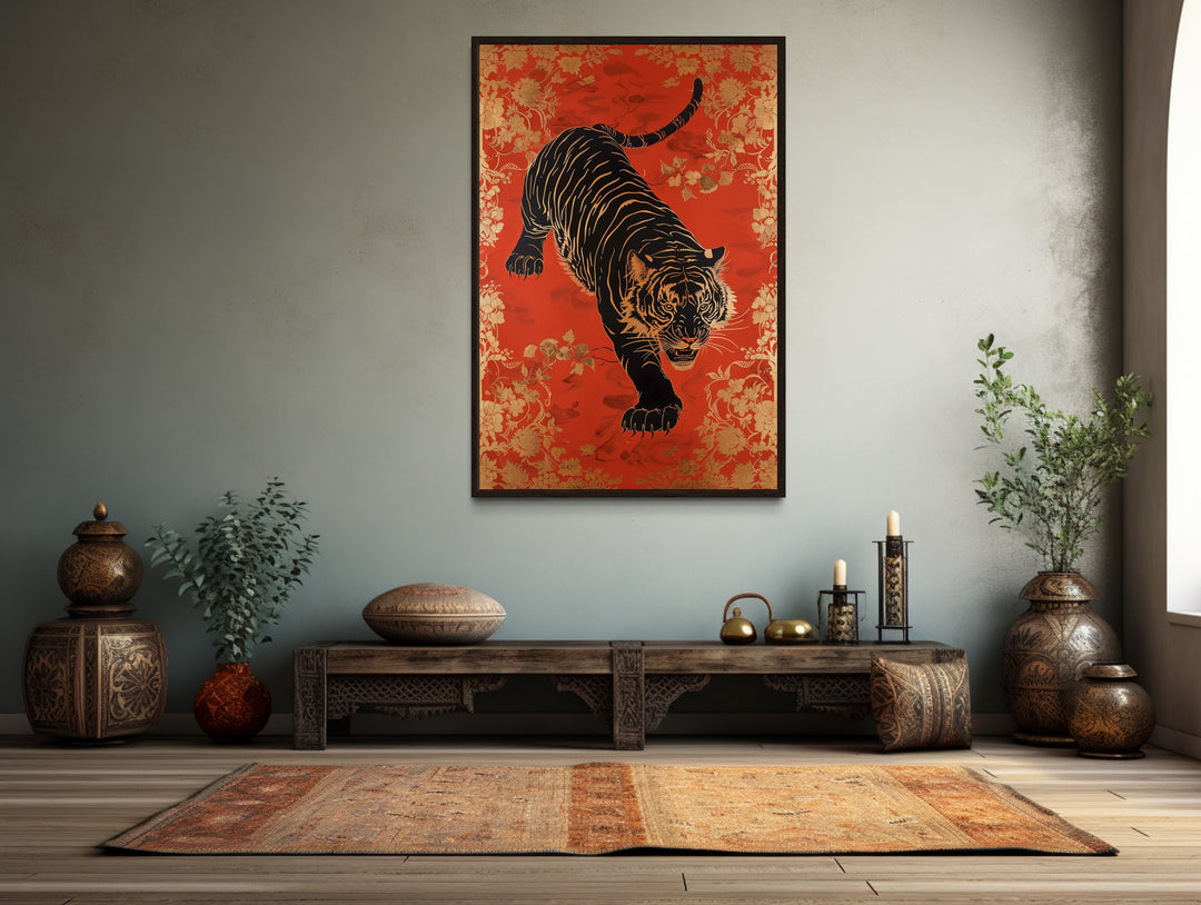 Traditional Indian Tiger Wall Art On Red Background Painting over indian furniture