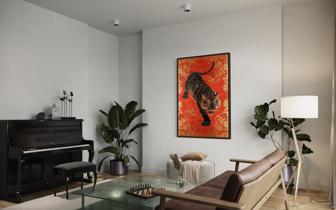 Traditional Indian Tiger Wall Art On Red Background Painting in music room