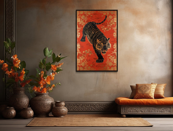 Traditional Indian Tiger Wall Art On Red Background Painting in traditional indian room