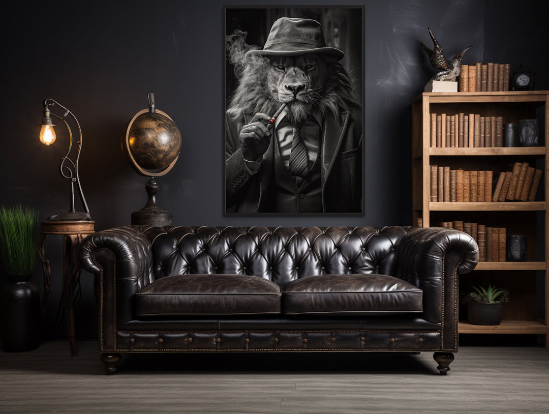 Lion Man In Suit Smoking Cigar Man Cave Framed Canvas Wall Art