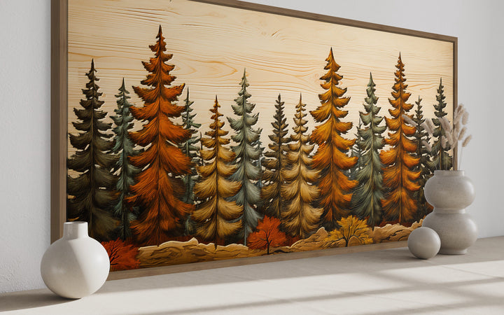 Autumn Fir Tree Forest Painting On Wood Rustic Cabin Wall Art side view