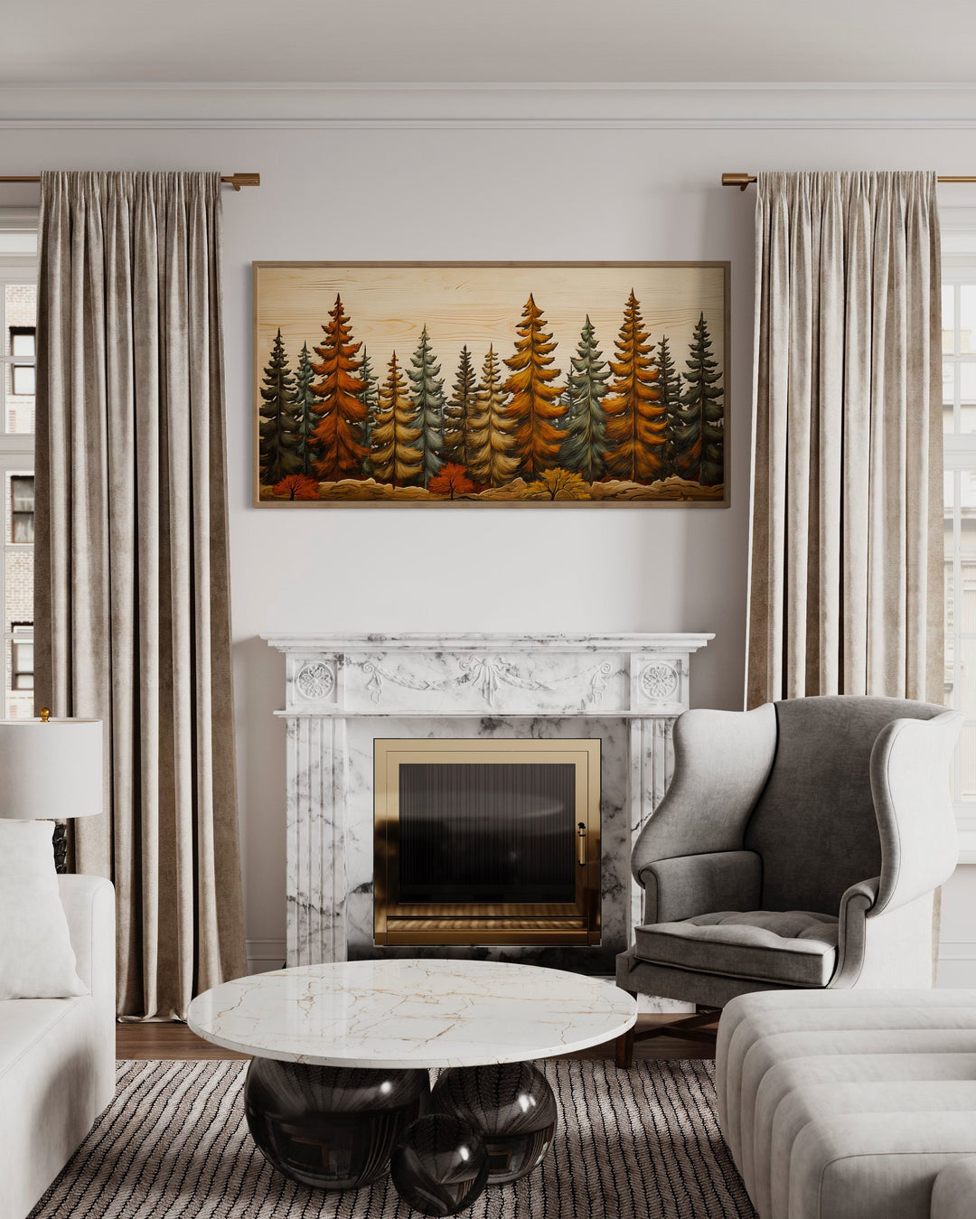 Autumn Fir Tree Forest Painting On Wood Rustic Cabin Wall Art above fireplace