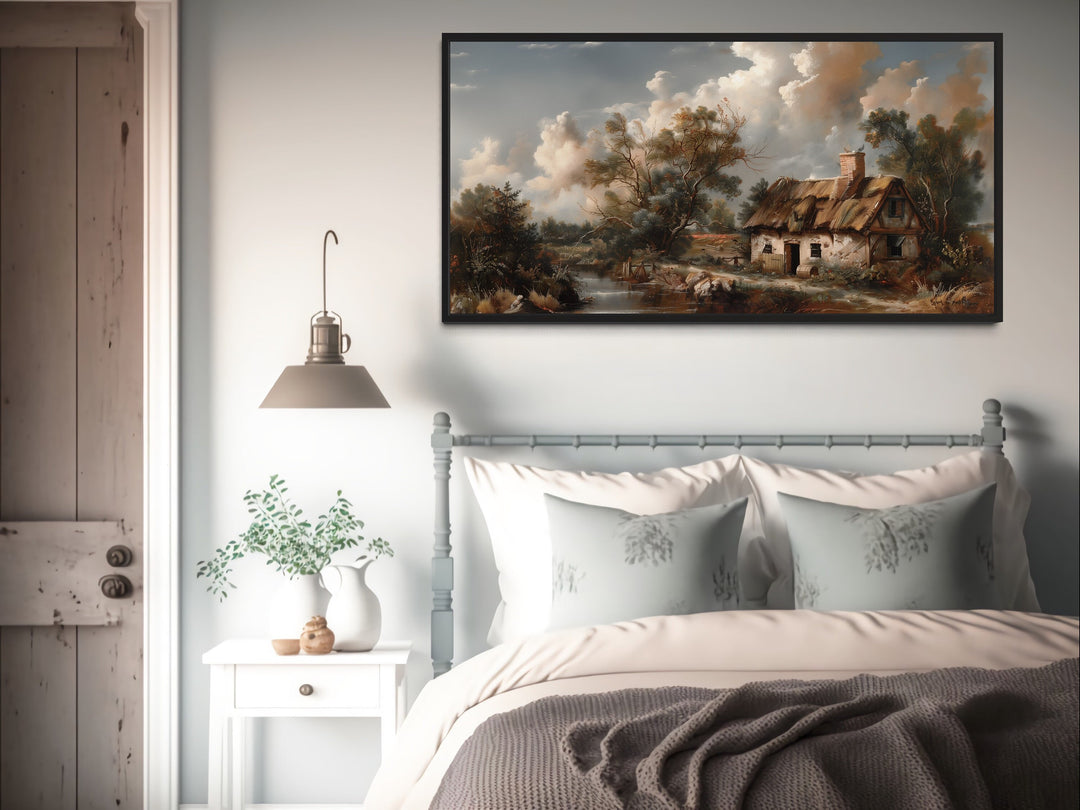 Old Cottage Near River Pastoral Antique Style Framed Canvas Wall Art above bed