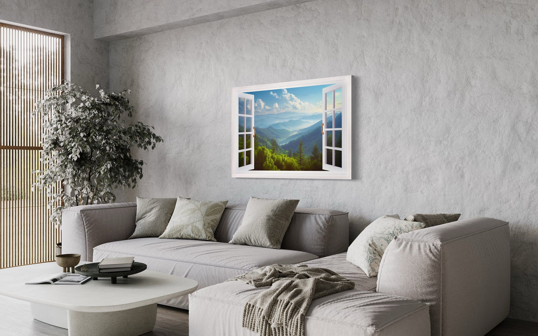 Great Smokey Mountains Open Window wall art above grey couch