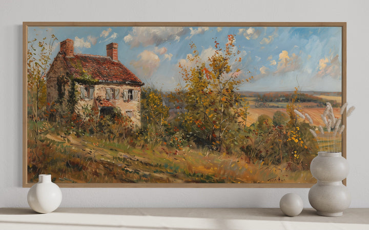 Pastoral Summer Landscape With House Antique Style Framed Framed Wall Art close up