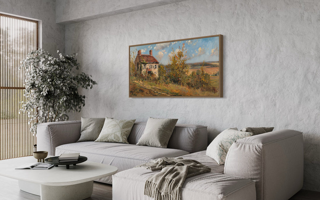 Pastoral Summer Landscape With House Antique Style Framed Framed Canvas Wall Art above grey couch