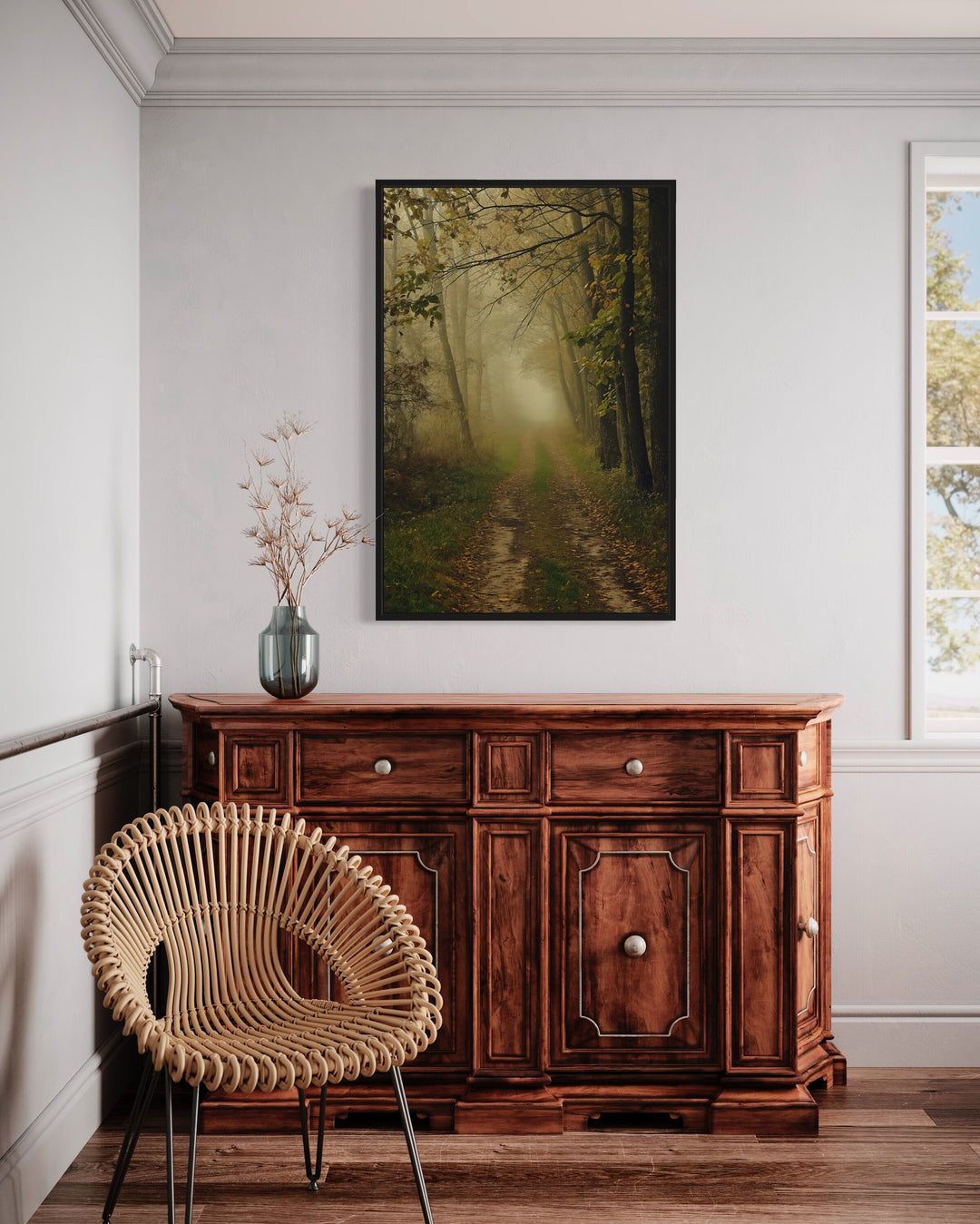 Moody Foggy Autumn Forest Framed Canvas Wall Art above table