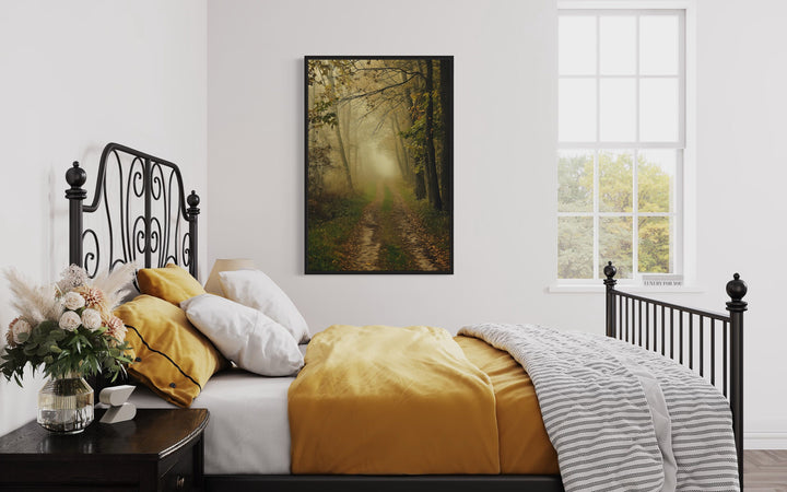 Moody Foggy Autumn Forest Framed Canvas Wall Art in bedroom