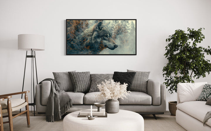 Wolf And Forest Double Exposure Framed Canvas Wall Art above couch