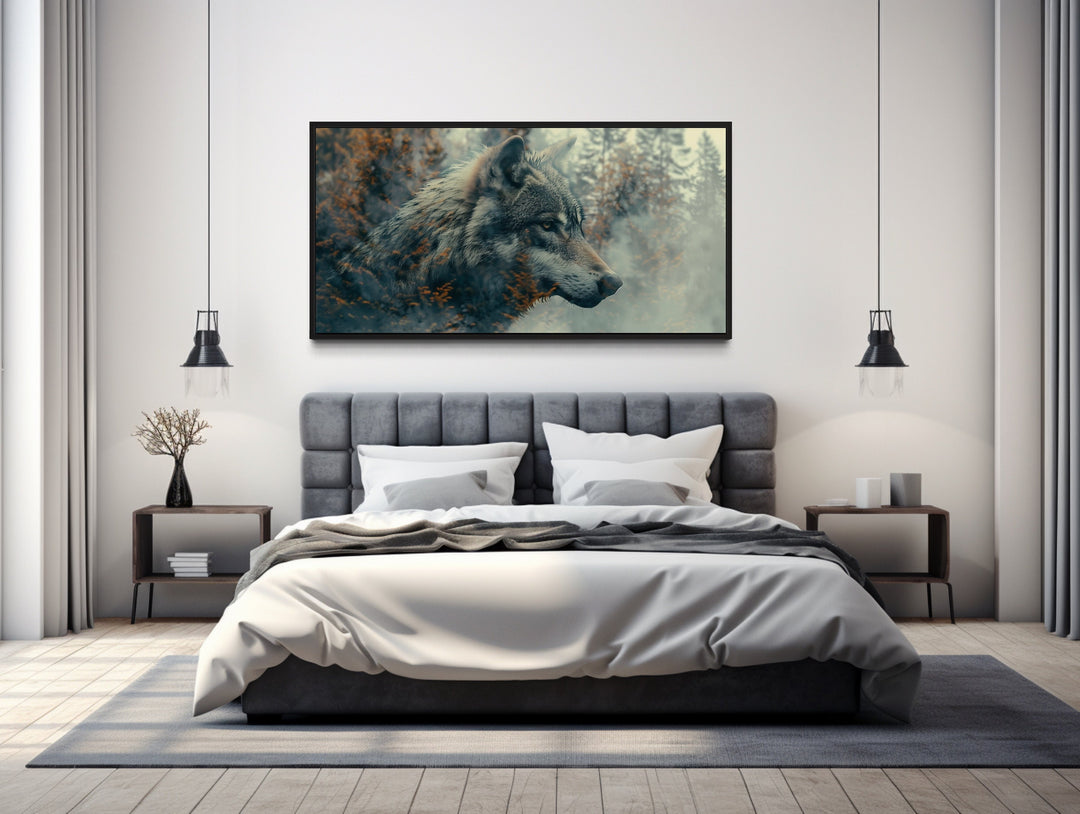 Wolf And Forest Double Exposure Framed Canvas Wall Art above bed