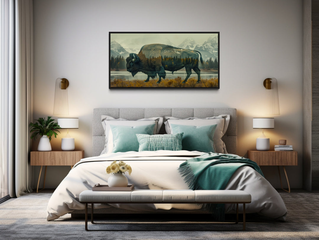 American Bison Double Exposure Wall Art above bed