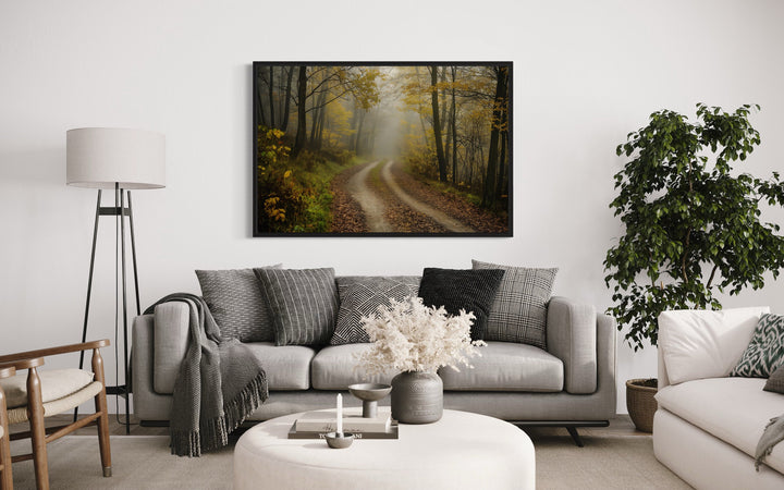 Moody Foggy Autumn Forest Framed Canvas Wall Art in living room