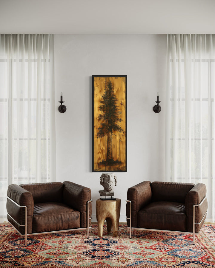 Tall Narrow Pine Tree Painted On Wood Slice Cabin Vertical Decor between two brown leather armchairs