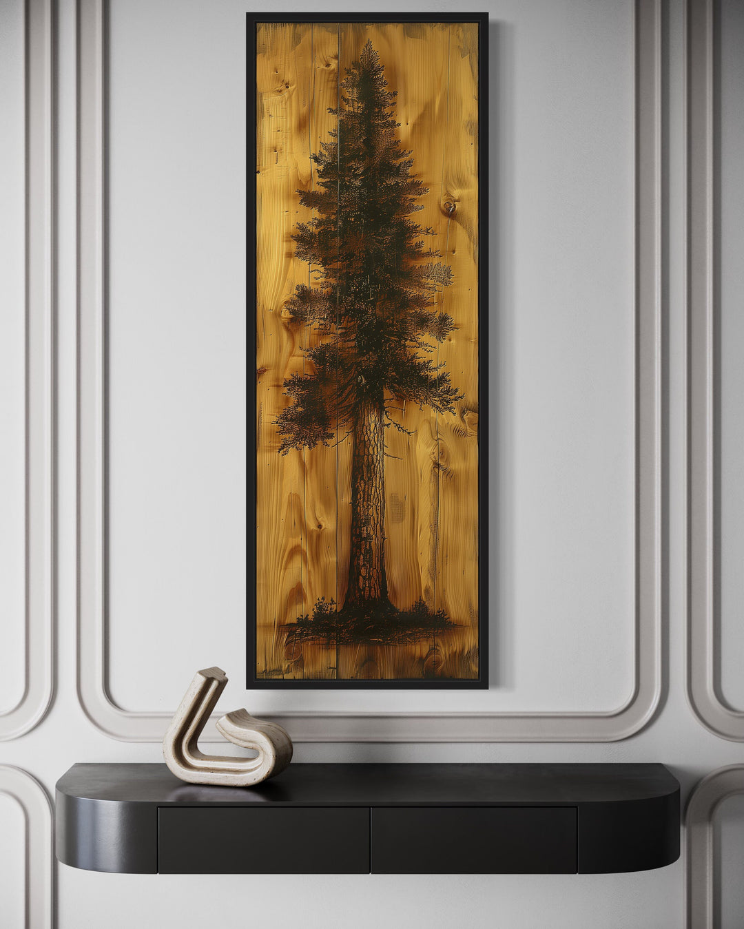 close up view of Tall Narrow Pine Tree Painted On Wood Slice Cabin Vertical Decor