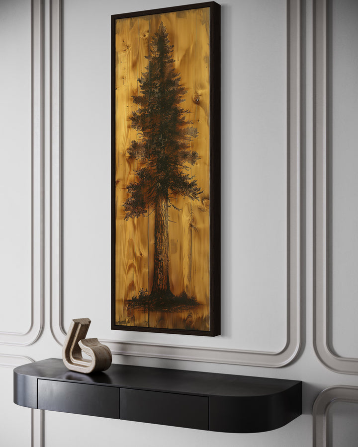 close up side view of Tall Narrow Pine Tree Painted On Wood Slice Cabin Vertical Decor