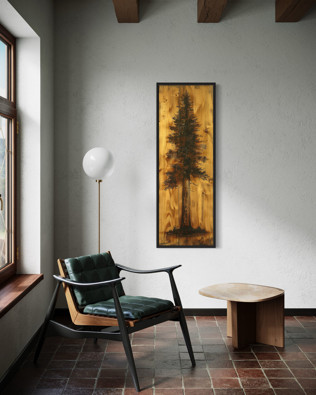 Tall Narrow Pine Tree Painted On Wood Slice Cabin Vertical Decor in modern room