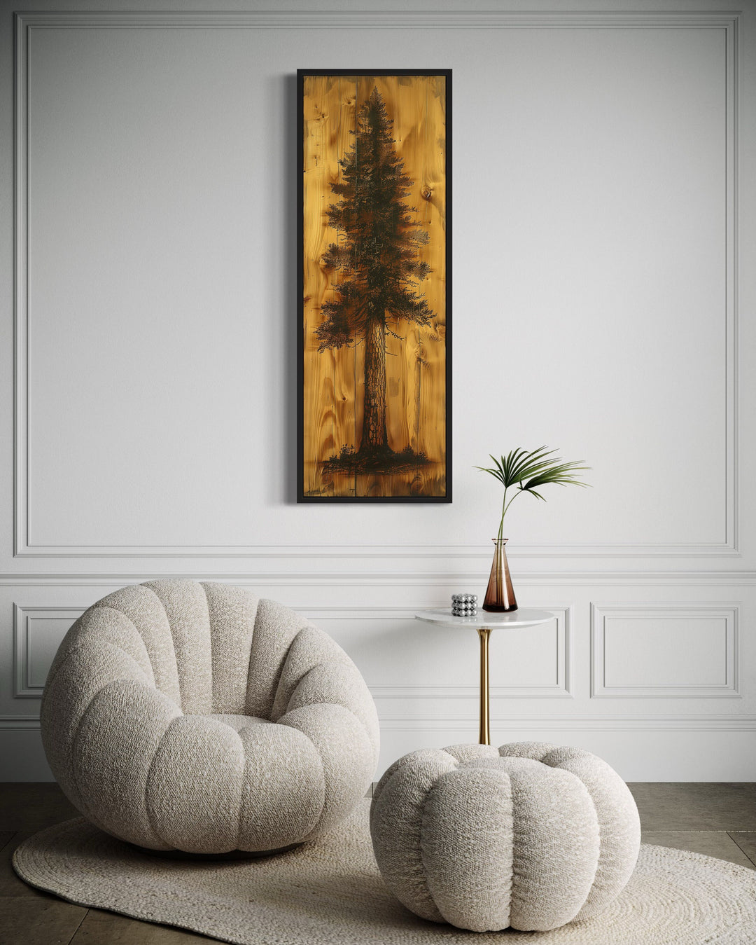 Tall Narrow Pine Tree Painted On Wood Slice Cabin Vertical Decor in rustic room