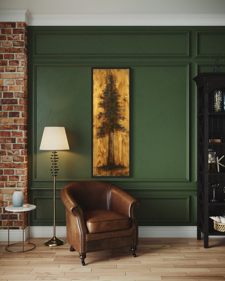 Tall Narrow Pine Tree Painted On Wood Slice Cabin Vertical Decor in rustic office with green walls