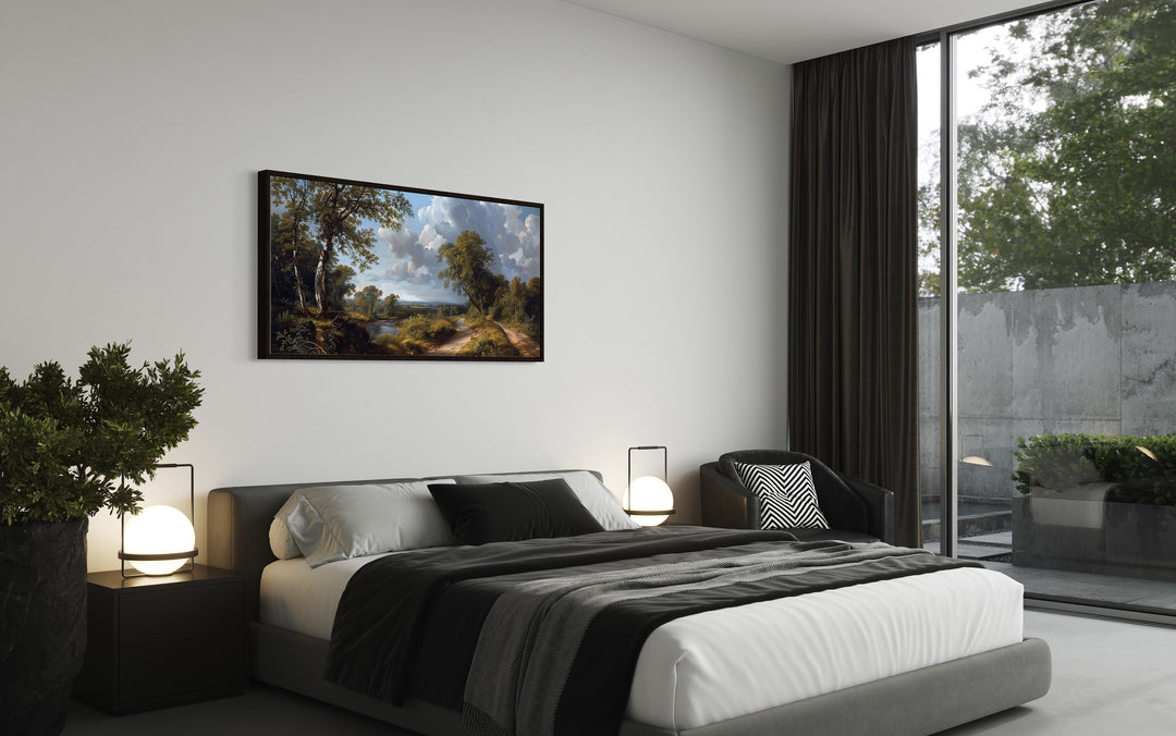 Antique Style Nature River Landscape Framed Canvas Wall Art above black bed