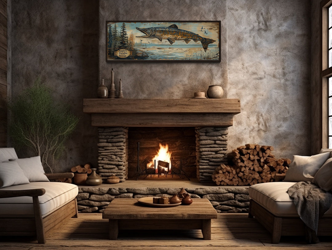 Angler's Paradise Retreat Fishing Sign Framed Cabin Wall Art above fireplace