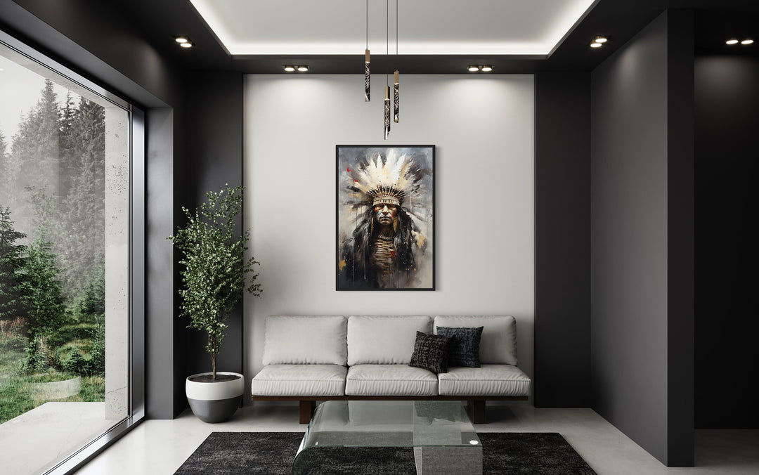 Aztec Chief Southwestern Framed Canvas Wall Art in living room