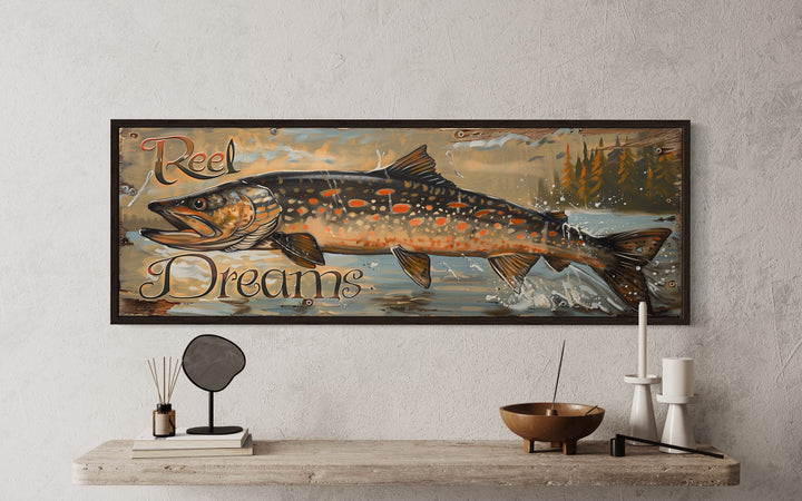 Reel Dreams Fishing Sign Lodge Decor Framed Canvas Wall Art close up