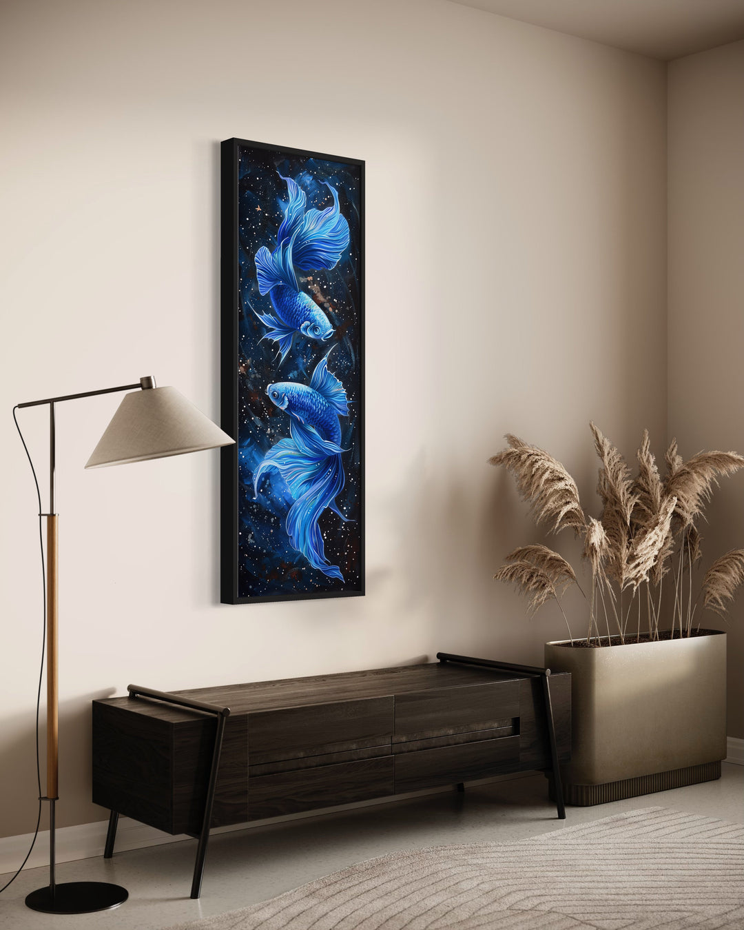 Tall Narrow Blue Betta Fish On Black Vertical Wall Art "Sapphire Swirl" over brown furniture